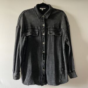 Sewn+Seen Button Up Shirt Shacket Long Sleeve Gauze Ribbed Black Women's Size S